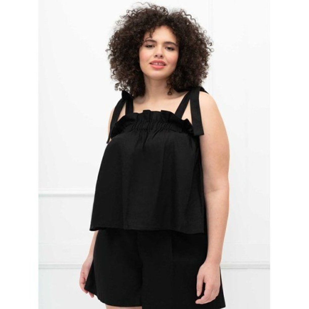 Eloquii Elements Linen Blend Tie Shoulder Ruffled Cropped Tank Top Black Size 18